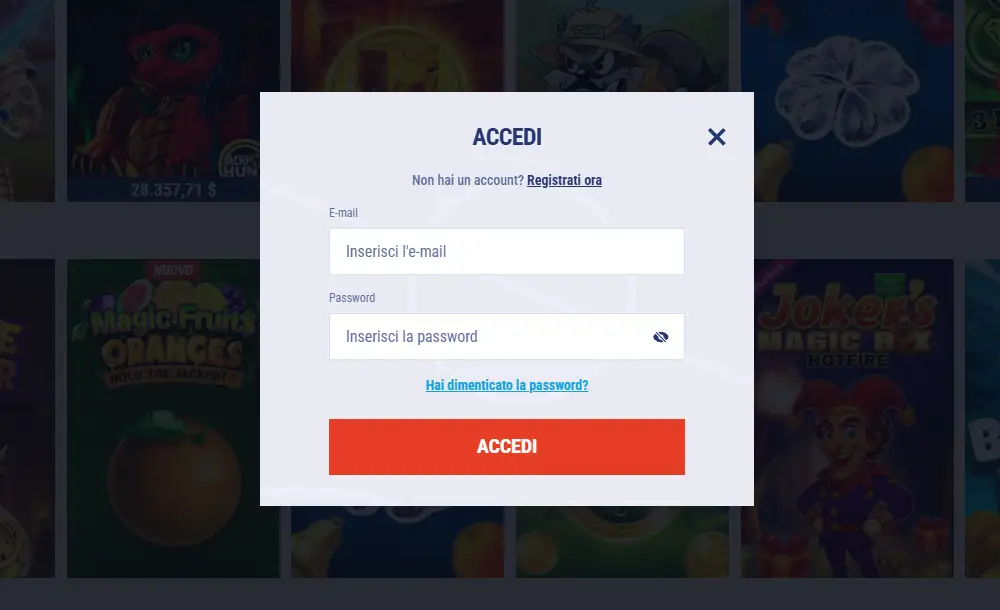 Finestra di login Tikitaka Casino con email e password
