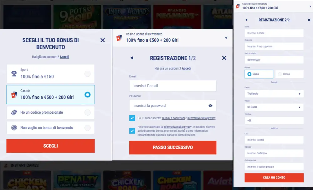 Processo di registrazione Tikitaka Casino con selezione bonus