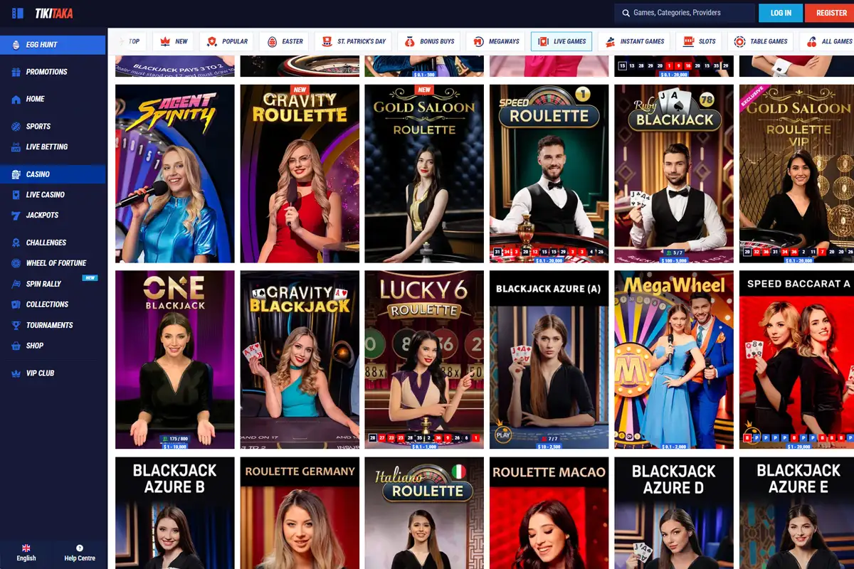 Interfaccia della lobby dei giochi live di Tikitaka Casino