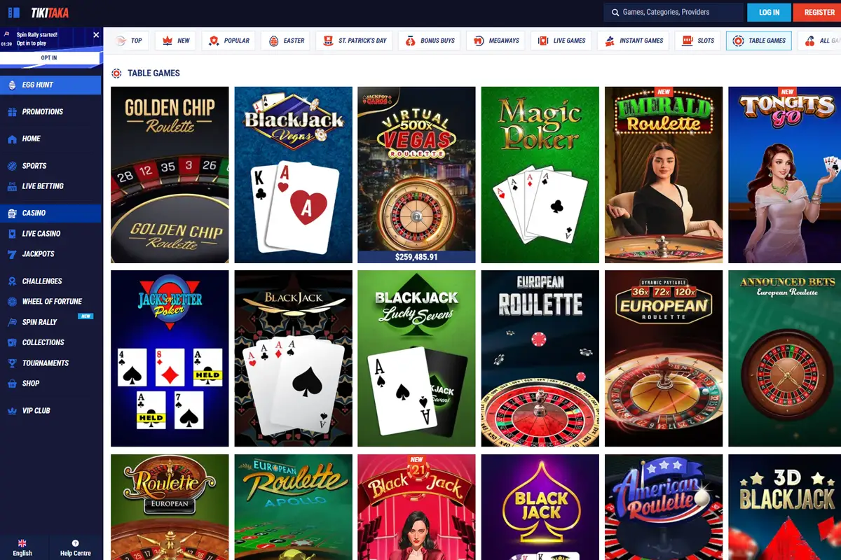 Interfaccia giochi da tavolo Tikitaka Casino con roulette e blackjack